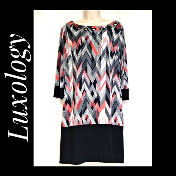 Luxology Shift Dress Geometric Black Gray Coral